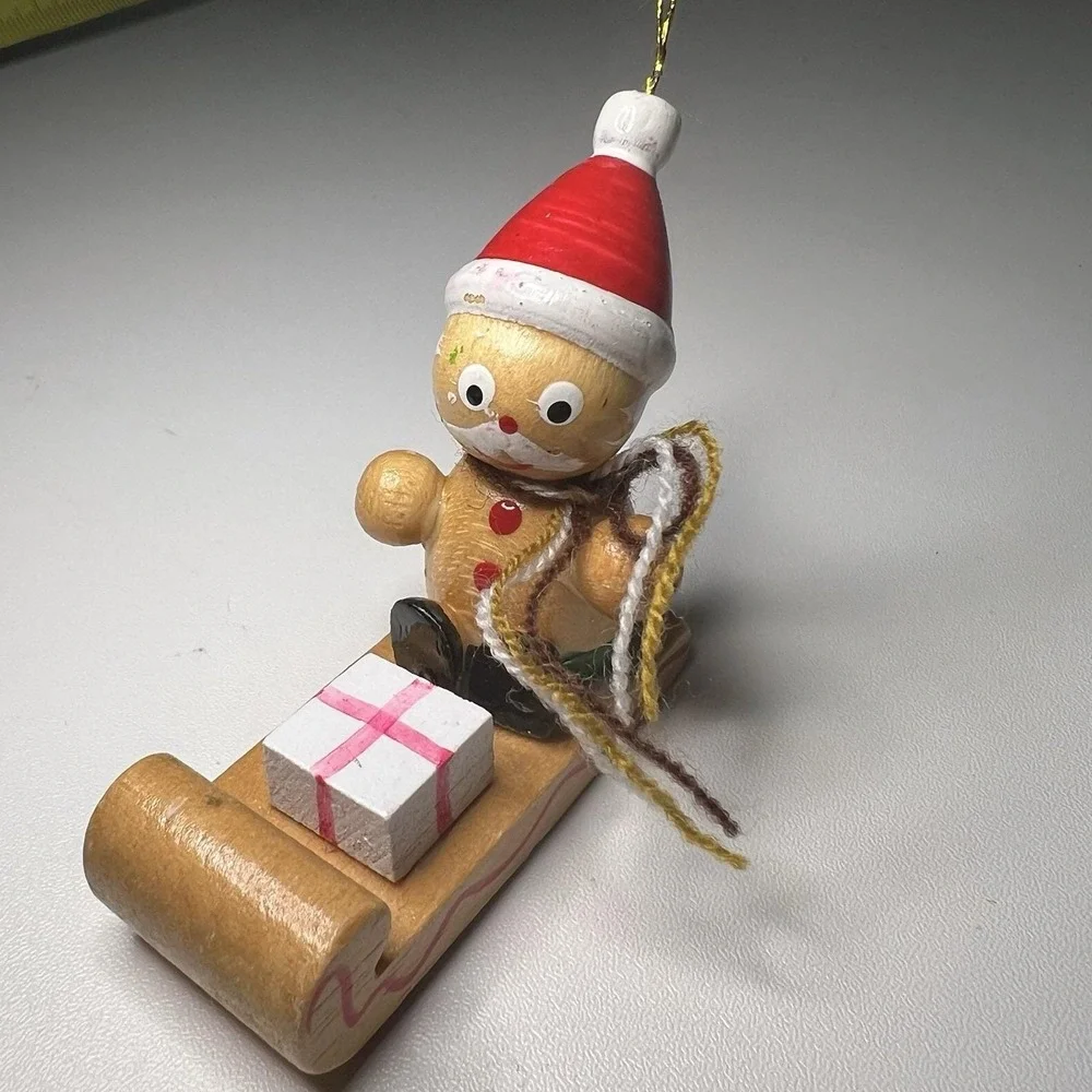 Vintage Wooden Ornament Santa‎ Claus Riding Sled